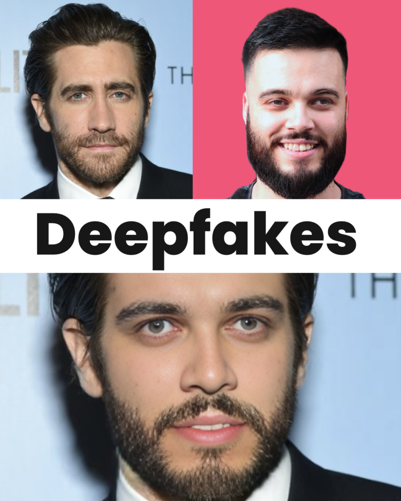 Montaje visual de deepfakes combinando rostros de dos hombres, ilustrando desinformación digital.